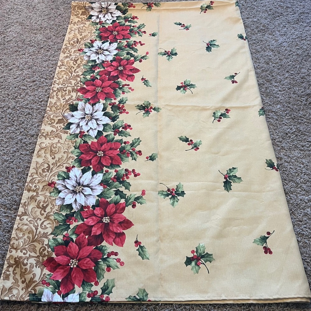 Christmas Poinsettia Holly Berry Gold Tablecloth‎ Holiday Floral 100x60